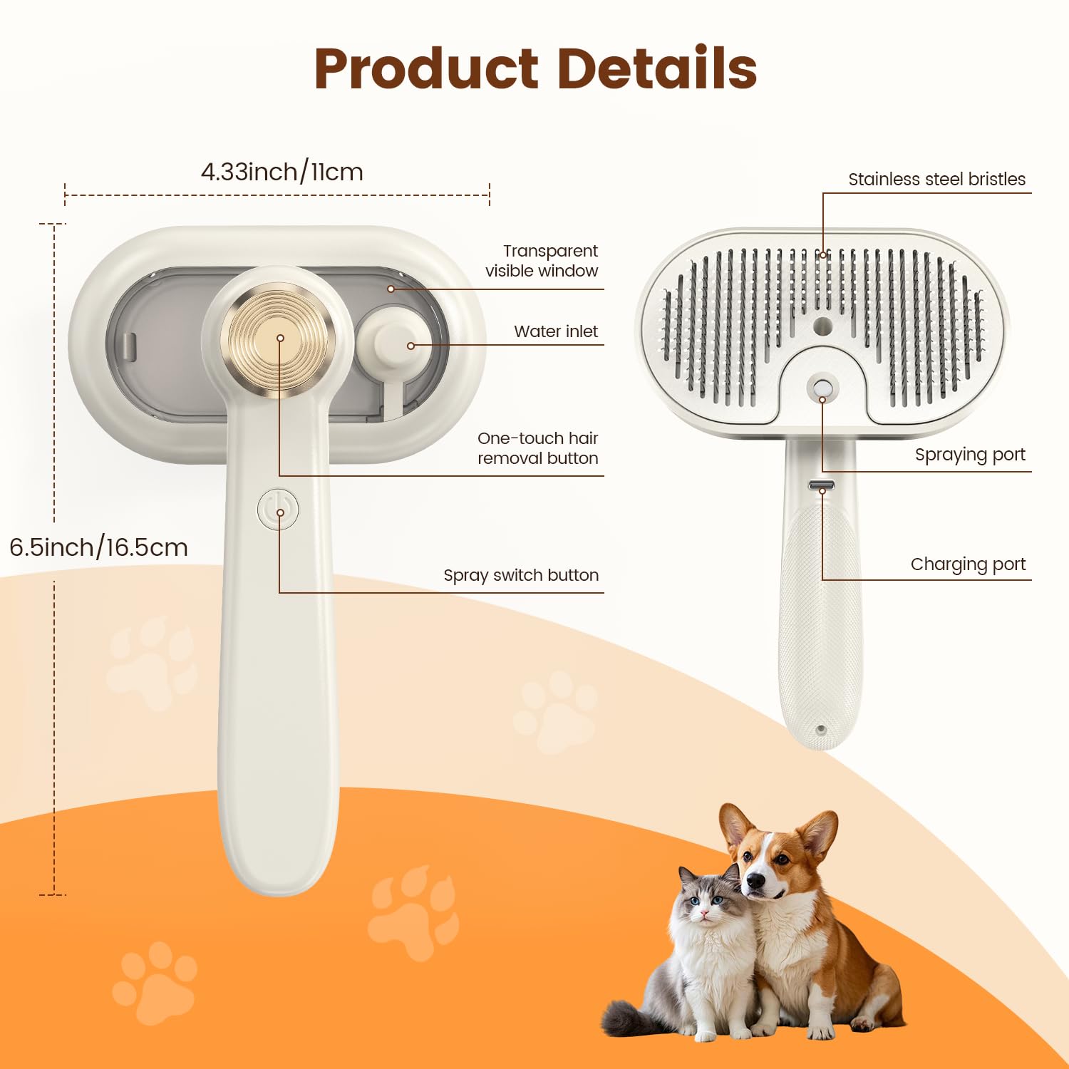 Glendan Pet Steam Brush for Shedding - 3-in-1 Spray Grooming Comb for Dogs & Cats - Self-Cleaning Mist Brush Softens Fur & Reduces Static - Ideal for Long Short Hair and Bath-Hating Pets