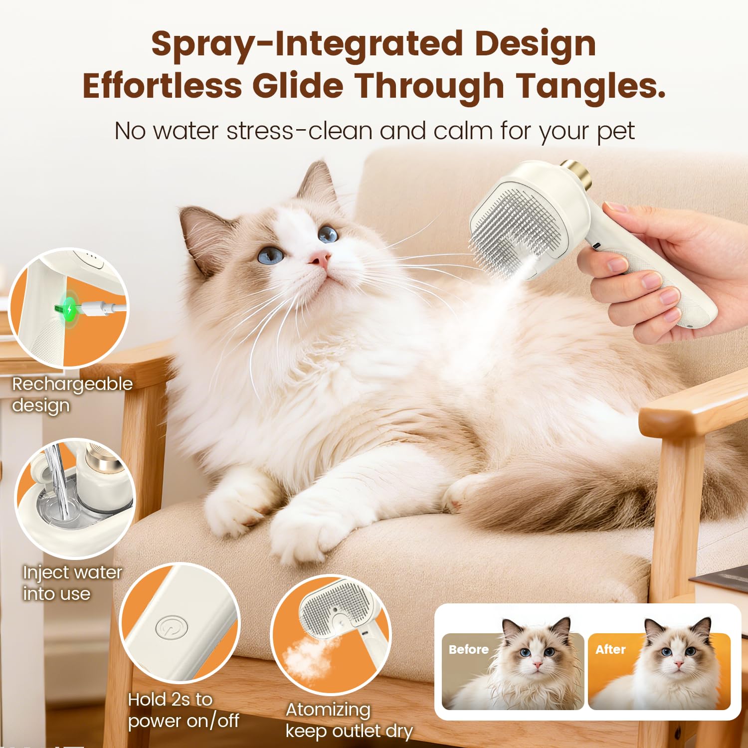 Glendan Pet Steam Brush for Shedding - 3-in-1 Spray Grooming Comb for Dogs & Cats - Self-Cleaning Mist Brush Softens Fur & Reduces Static - Ideal for Long Short Hair and Bath-Hating Pets