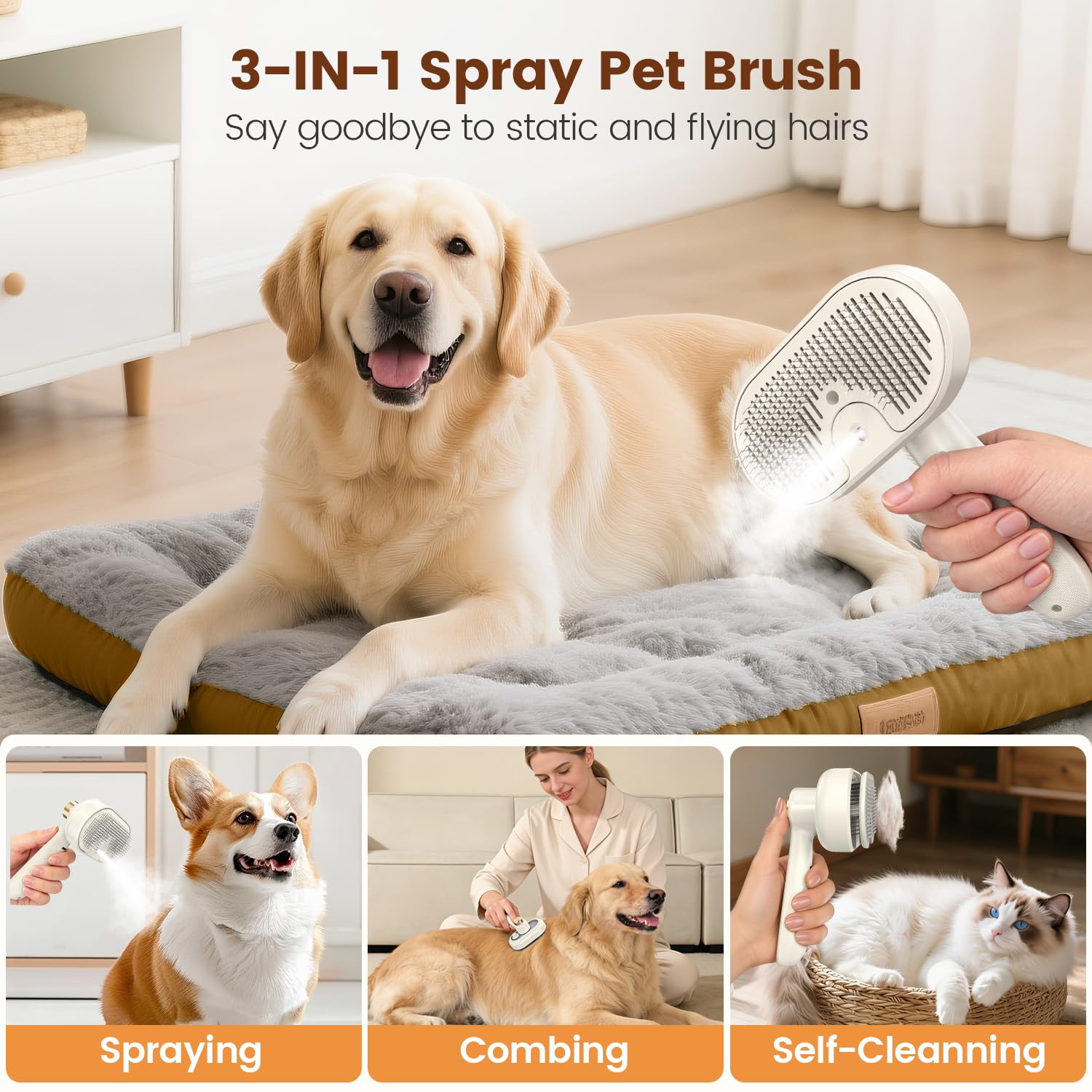 Glendan Pet Steam Brush for Shedding - 3-in-1 Spray Grooming Comb for Dogs & Cats - Self-Cleaning Mist Brush Softens Fur & Reduces Static - Ideal for Long Short Hair and Bath-Hating Pets